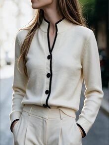Omancia Chic Contrast Binding V Neck Knit Cardigan, Women Long Sleeve Button Down Elegant Slim Fit Fall Sweater - Apricot - View 5
