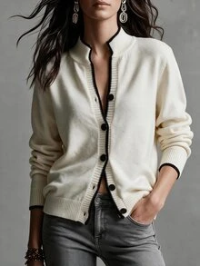 Omancia Chic Contrast Binding V Neck Knit Cardigan, Women Long Sleeve Button Down Elegant Slim Fit Fall Sweater - Apricot - View 6
