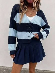 SHEIN 青少年女孩新款秋冬彩虹拼接修身針織開襟毛衣，休閒時尚百搭外套 - 藏蓝色 - 查看 7