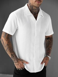 Manfinity Homme 男士純色單排扣休閒短袖襯衫，適合日常穿著 - 白色 - 查看 6