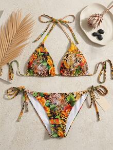 Swim Chiccia Sexy Leopard & Floral Print Bikini Set For Beach Vacation - Multicolor - View 10