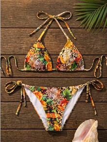Swim Chiccia Sexy Leopard & Floral Print Bikini Set For Beach Vacation - Multicolor - View 2