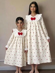 SHEIN 女童碎花睡裙，3D蝴蝶結裝飾可愛蕾絲洋裝 - 紅色 - 查看 5