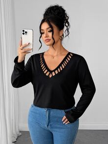Linhara CURVE Kaos Lengan Panjang Wanita Ukuran Besar Model V-Neck dengan Lubang dan Motif Burnout untuk Musim Gugur - Hitam - View 6