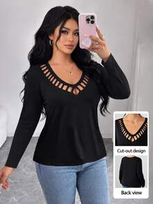 Linhara CURVE Kaos Lengan Panjang Wanita Ukuran Besar Model V-Neck dengan Lubang dan Motif Burnout untuk Musim Gugur - Hitam - View 5