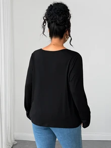 Linhara CURVE Kaos Lengan Panjang Wanita Ukuran Besar Model V-Neck dengan Lubang dan Motif Burnout untuk Musim Gugur - Hitam - View 2