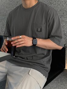 DAZY Summer Label Pocket Black Crew Neck Men's T-Shirt - Dark Grey - View 4