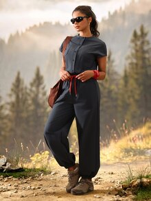 Exploreva Exploreva Women's Solid Color Single-Breasted Waist Tie Pocket Casual Outdoor Jumpsuit - Grey - View 6
