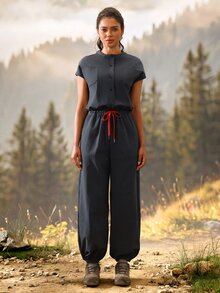 Exploreva Exploreva Women's Solid Color Single-Breasted Waist Tie Pocket Casual Outdoor Jumpsuit - Grey - View 3
