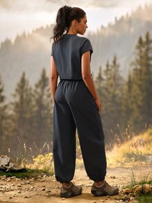 Exploreva Exploreva Women's Solid Color Single-Breasted Waist Tie Pocket Casual Outdoor Jumpsuit - Grey - View 2