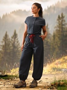 Exploreva Exploreva Women's Solid Color Single-Breasted Waist Tie Pocket Casual Outdoor Jumpsuit - Grey - View 4
