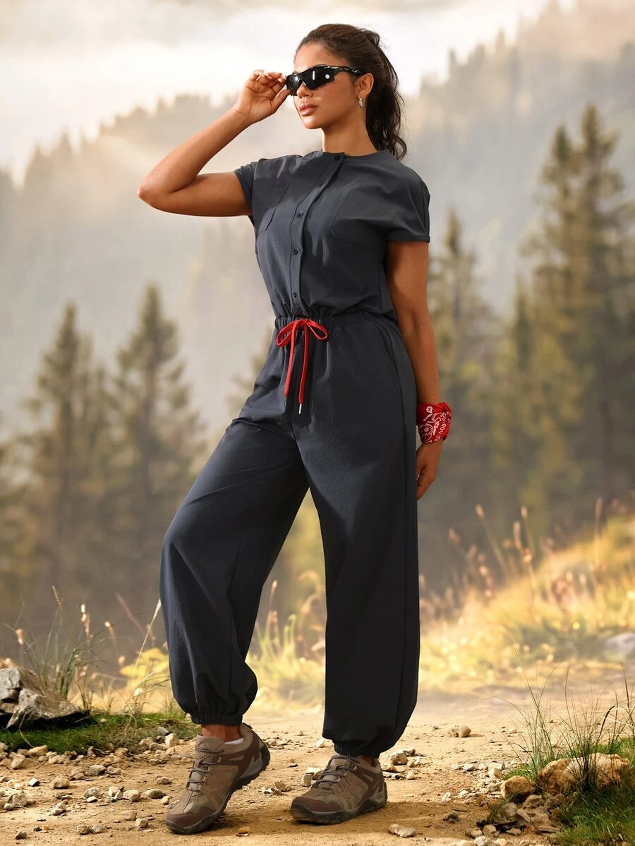 Exploreva Exploreva Women's Solid Color Single-Breasted Waist Tie Pocket Casual Outdoor Jumpsuit - Grey - View 1