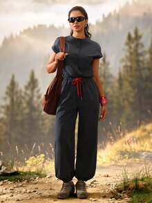 Exploreva Exploreva Women's Solid Color Single-Breasted Waist Tie Pocket Casual Outdoor Jumpsuit - Grey - View 7
