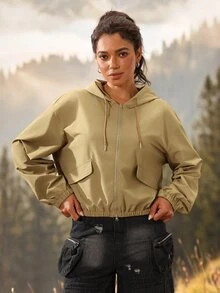 Exploreva Exploreva Solid Zip Up Hooded Outdoor Jacket - Khaki - View 4
