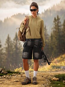 Exploreva Exploreva Solid Zip Up Hooded Outdoor Jacket - Khaki - View 5