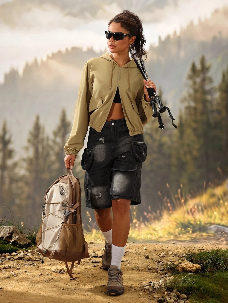 Exploreva Exploreva Solid Zip Up Hooded Outdoor Jacket - Khaki - View 1