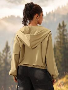 Exploreva Exploreva Solid Zip Up Hooded Outdoor Jacket - Khaki - View 2
