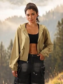 Exploreva Exploreva Solid Zip Up Hooded Outdoor Jacket - Khaki - View 3