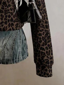 SHEIN EZwear 經典豹紋半拉鍊女款運動衫，棕色調，秋季休閒街頭風，適合多種場合，Y2K復古風，返校季秋冬上衣 - 彩色 - 查看 4