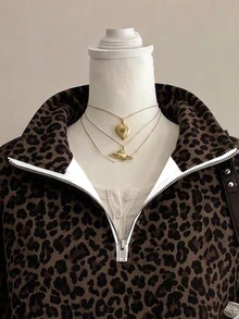 SHEIN EZwear 經典豹紋半拉鍊女款運動衫，棕色調，秋季休閒街頭風，適合多種場合，Y2K復古風，返校季秋冬上衣 - 彩色 - 查看 3