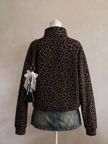 SHEIN EZwear 經典豹紋半拉鍊女款運動衫，棕色調，秋季休閒街頭風，適合多種場合，Y2K復古風，返校季秋冬上衣 - 彩色 - 查看 2