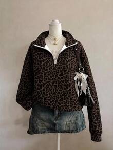 SHEIN EZwear 經典豹紋半拉鍊女款運動衫，棕色調，秋季休閒街頭風，適合多種場合，Y2K復古風，返校季秋冬上衣 - 彩色 - 查看 1