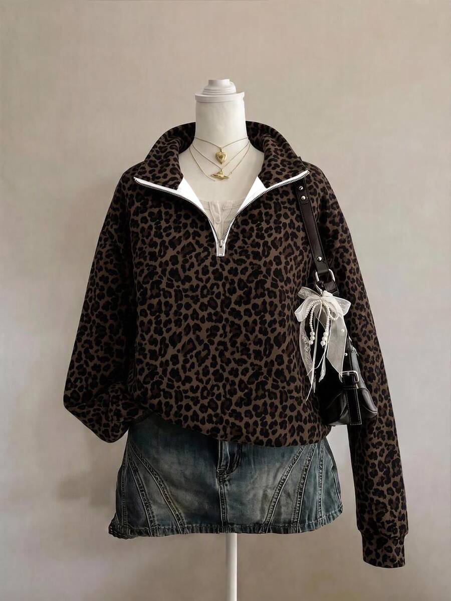 SHEIN EZwear 經典豹紋半拉鍊女款運動衫，棕色調，秋季休閒街頭風，適合多種場合，Y2K復古風，返校季秋冬上衣 - 彩色 - 查看 1