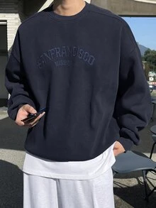 DAZY Men's Autumn Letter Embroidered Pullover Sweatshirt - Navy Blue - View 1