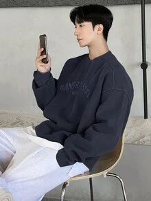 DAZY Men's Autumn Letter Embroidered Pullover Sweatshirt - Navy Blue - View 6