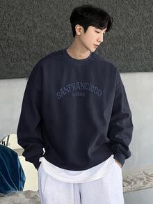 DAZY Men's Autumn Letter Embroidered Pullover Sweatshirt - Navy Blue - View 2