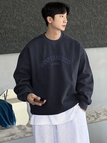 DAZY Men's Autumn Letter Embroidered Pullover Sweatshirt - Navy Blue - View 4