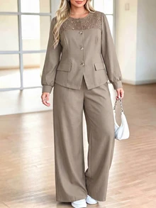 EMERY ROSE Plus Size Women's Commuter Versatile Elegant Round Neck Fitted Cardigan With Embroidered Fabric Patchwork Jacket And Straight Leg Ruched Long Pants - Khaki - View 6