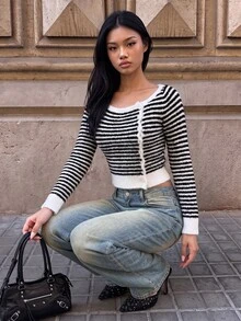 TRNVIE Women's Striped Boat Neck Asymmetric Shoulder Button Decor Side Design Slim Fit Minimalist Versatile Autumn/Winter Long Sleeve Knit Cardigan - Black and White - View 6