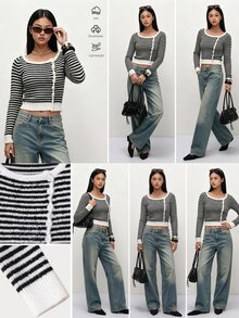 TRNVIE Women's Striped Boat Neck Asymmetric Shoulder Button Decor Side Design Slim Fit Minimalist Versatile Autumn/Winter Long Sleeve Knit Cardigan - Black and White - View 2