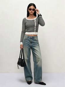 TRNVIE Women's Striped Boat Neck Asymmetric Shoulder Button Decor Side Design Slim Fit Minimalist Versatile Autumn/Winter Long Sleeve Knit Cardigan - Black and White - View 1