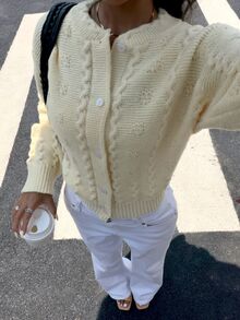 SHEIN Milk Yellow Cable Knit Cardigan Autumn Winter Crew Neck Button Cropped Sweater Jacket Casual Top - Yellow - View 5