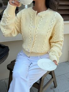 SHEIN Milk Yellow Cable Knit Cardigan Autumn Winter Crew Neck Button Cropped Sweater Jacket Casual Top - Yellow - View 6