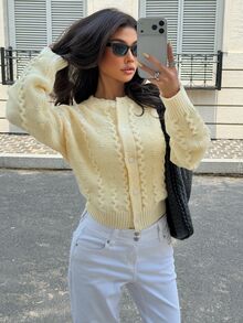 SHEIN Milk Yellow Cable Knit Cardigan Autumn Winter Crew Neck Button Cropped Sweater Jacket Casual Top - Yellow - View 7