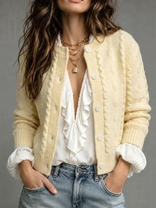 SHEIN Milk Yellow Cable Knit Cardigan Autumn Winter Crew Neck Button Cropped Sweater Jacket Casual Top - Yellow - View 1