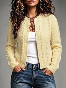 SHEIN Milk Yellow Cable Knit Cardigan Autumn Winter Crew Neck Button Cropped Sweater Jacket Casual Top - Yellow - View 2