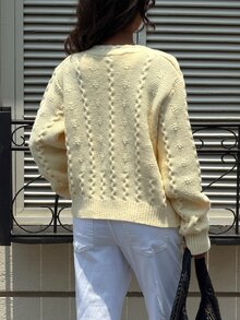 SHEIN Milk Yellow Cable Knit Cardigan Autumn Winter Crew Neck Button Cropped Sweater Jacket Casual Top - Yellow - View 4