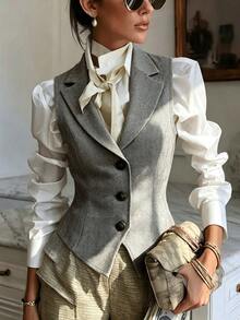 SHEIN Women's Fashion Elegant V-Neck Wool Blend Sleeveless Jacket Autumn - Coffee Brown - View 2