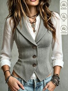 SHEIN Women's Fashion Elegant V-Neck Wool Blend Sleeveless Jacket Autumn - Coffee Brown - View 6