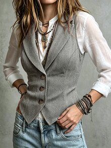 SHEIN Women's Fashion Elegant V-Neck Wool Blend Sleeveless Jacket Autumn - Coffee Brown - View 5