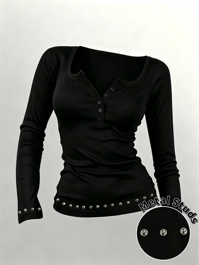 Lalippa Women's Black Beaded Long Sleeve Henley Top, Slim Fit Casual Tee