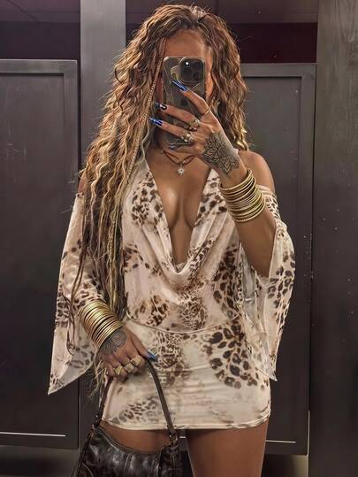 Amplova Women's Cowl Neck Long Sleeve Backless Cover-Up Dress Skirt Sexy Cold Shoulder Leopard Print Cute Sexy Vintage Autumn/Winter Casual Elegant Sexy Outfit