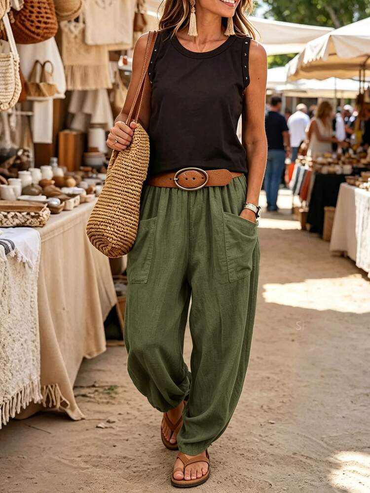 Breezaya Women's Autumn/Winter 2026 New Artistic Cotton Linen Harem Pants, Army Green Loose Elastic Waist Large Pocket Cuffed Casual Pants, Loose Flattering Slimming Carrot Pants, Soft Cotton Fabric, Vintage Slouchy, Comfortable Versatile Commute Travel Long Pants, Plus Size Draped Wide Leg Lantern Pants, Daily Relaxed Casual Long Pants - Army Green - View 3