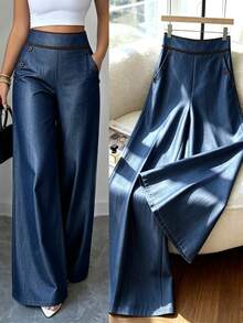 Elenzga Premium Navy Blue High-Waisted Wide-Leg Pants For Women, Draped Design, Flattering Slimming Fit, Button-Down Detail, Loose Fit Denim Effect Long Trousers - Dark Wash - View 2