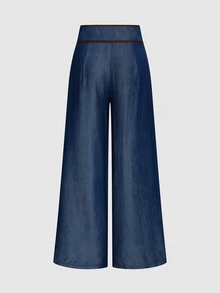 Elenzga Premium Navy Blue High-Waisted Wide-Leg Pants For Women, Draped Design, Flattering Slimming Fit, Button-Down Detail, Loose Fit Denim Effect Long Trousers - Dark Wash - View 5