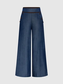 Elenzga Premium Navy Blue High-Waisted Wide-Leg Pants For Women, Draped Design, Flattering Slimming Fit, Button-Down Detail, Loose Fit Denim Effect Long Trousers - Dark Wash - View 4